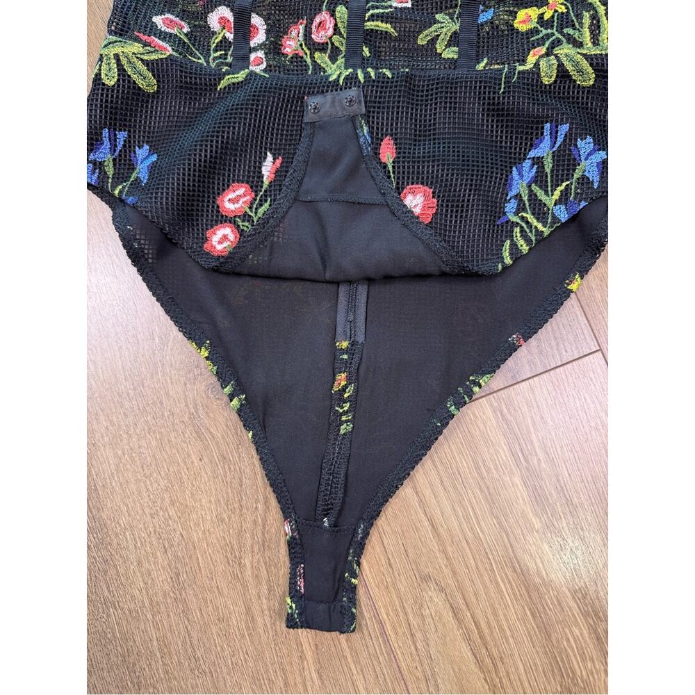 Allen Schwartz Embroidered Floral Mesh Corset Bodysuit Black Size 4 Sheer - Picture 6 of 9